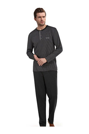 Erkek Siyah Pamuklu Likralı Penye Kutulu Erkek Çizgili Çeyizlik Pijama Takımı QP5K6E5K6R