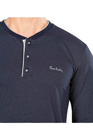 Erkek Lacivert Pamuklu Likralı Penye Kutulu Erkek Çizgili Çeyizlik Pijama Takımı QP5K6E5K6R