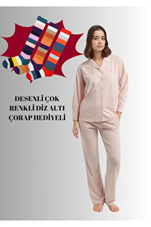 Kadın Pembe Çizgili Önden Patlı Modal Pamuklu Pijama Takımı Çorap Hediyeli QP928163K0R20CK