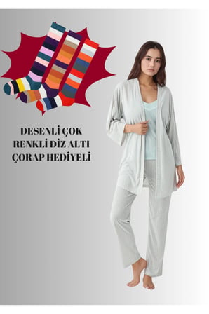 Kadın Yeşil Modal Pamuklu Sabahlıklı Pijama Takımı Çorap Hediyeli QP9K0R5K2R