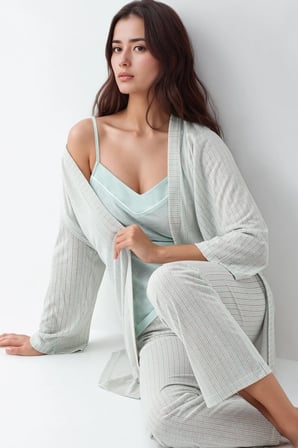 Kadın Yeşil Modal Pamuklu Sabahlıklı Pijama Takımı Çorap Hediyeli QP9K0R5K2R