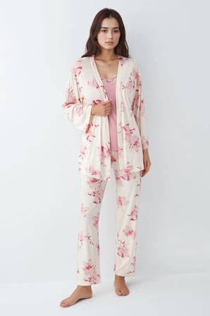 Kadın Modal Pamuklu Pembe Sabahlıklık Pijama Takımı Çorap Hediyeli QP9K0R5K8R