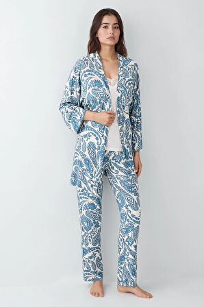 Kadın Modal Pamuklu Beyaz Sabahlıklıklı Pijama Takımı Çorap Hediyeli QP9K0R7K7R