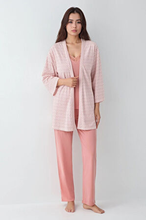 Kadın Modal Pamuklu Retro Pembe Sabahlıklı Pijama Takımı Çorap Hediyeli QP9K0R8K2R