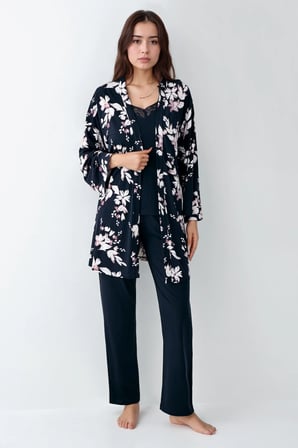 Kadın Modal Pamuklu Lacivert Sabahlıklı Pijama Takımı Çorap Hediyeli QP9K1R0K8R
