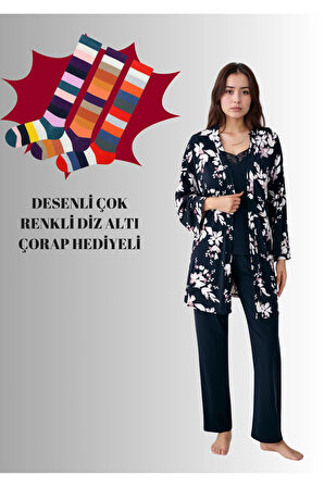 Kadın Modal Pamuklu Lacivert Sabahlıklı Pijama Takımı Çorap Hediyeli QP9K1R0K8R