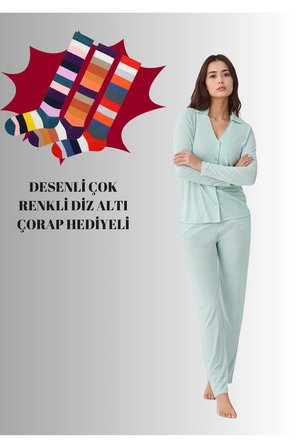 Kadın Modal Pamuklu Pijama Takımı Çorap Hediyeli QP9K1R1K5R