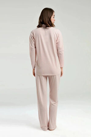 Kadın Pembe Çizgili Önden Patlı Uzun Kol Modal Pamuklu Pijama Takımı QP9K0R20CK