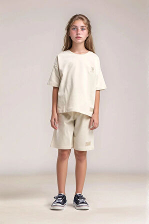 Kız Çocuk 2 İplik %100 Pamuklu Bisiklet Yaka T-shirt Bermuda Takım