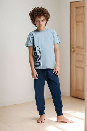 Erkek Çocuk %100 Pamuklu Kısa Kol Manşetli Paça Pijama Takım