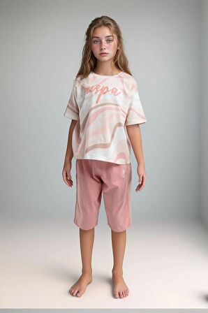 Kız Çocuk %100 Pamuklu Bisiklet Yaka T-shirt Kapri Takım