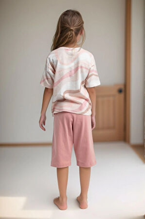 Kız Çocuk %100 Pamuklu Bisiklet Yaka T-shirt Kapri Takım