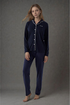 Kadın Lacivert Pamuklu Modal Boydan Patlı Kutulu Pijama Takımı Q9P4K3I6KER