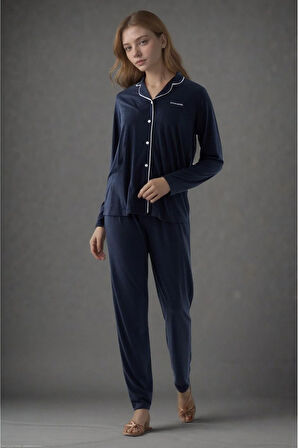 Kadın Navy Pamuklu Modal Boydan Patlı Kutulu Pijama Takımı Q9P4K3I6KER