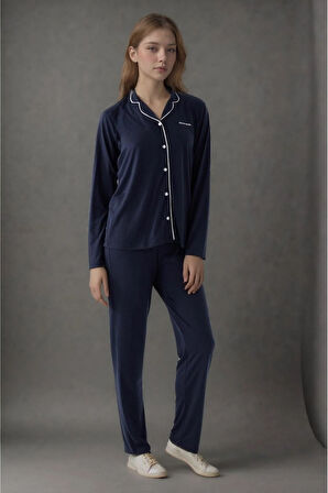Kadın Navy Pamuklu Modal Boydan Patlı Kutulu Pijama Takımı Q9P4K3I6KER