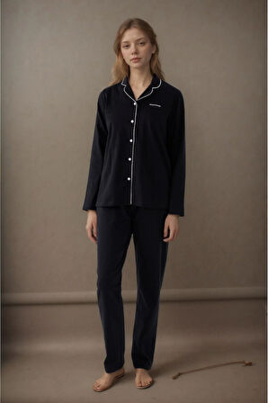 Kadın Siyah Pamuklu Modal Boydan Patlı Kutulu Pijama Takımı Q9P4K3I6KER