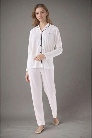 Kadın Ekru Pamuklu Modal Boydan Patlı Kutulu Pijama Takımı Q9P4K3I6KER