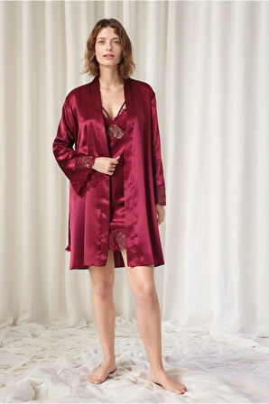 Kadın Bordo Saten Gelin 6'lı Çeyiz Seti Sabahlık & Gecelik & Pijama Şortlu Takım Q8U6O7K0KKA