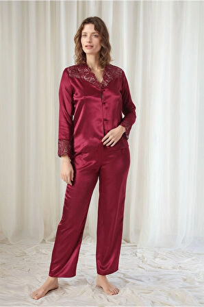 Kadın Bordo Saten Gelin 6'lı Çeyiz Seti Sabahlık & Gecelik & Pijama Şortlu Takım Q8U6O7K0KKA