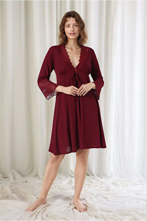Kadın Bordo Penye Gelin 6'lı Çeyiz Seti Sabahlık & Gecelik & Pijama Şortlu Takım Q9U6O1K0KKA