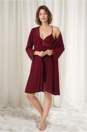 Kadın Bordo Penye Gelin 6'lı Çeyiz Seti Sabahlık & Gecelik & Pijama Şortlu Takım Q9U6O1K0KKA