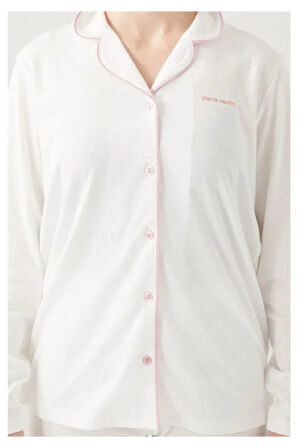 Kadın Krem Pamuklu Modal Boydan Patlı Kutulu Pijama Takımı Q8.U.8O.K2.K.A8.P.C