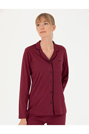 Kadın Bordo Pamuklu Modal Boydan Patlı Kutulu Pijama Takımı Q8.U.8O.K2.K.A8.P.C