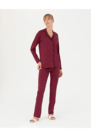 Kadın Bordo Pamuklu Modal Boydan Patlı Kutulu Pijama Takımı Q8.U.8O.K2.K.A8.P.C