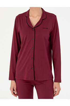 Kadın Bordo Pamuklu Modal Boydan Patlı Kutulu Pijama Takımı Q8.U.8O.K2.K.A8.P.C