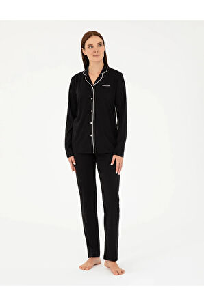 Kadın Siyah Pamuklu Modal Boydan Patlı Kutulu Pijama Takımı Q8.U.8O.K2.K.A8.P.C