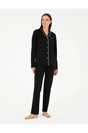Kadın Siyah Pamuklu Modal Boydan Patlı Kutulu Pijama Takımı Q8.U.8O.K2.K.A8.P.C