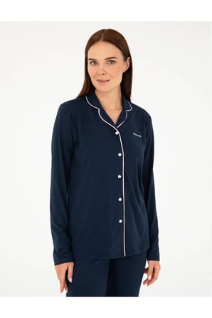 Kadın Lacivert Pamuklu Modal Boydan Patlı Kutulu Pijama Takımı Q8.U.8O.K2.K.A8.P.C