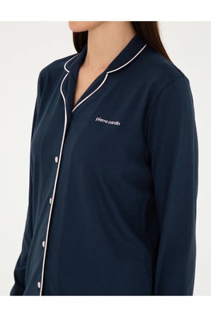 Kadın Lacivert Pamuklu Modal Boydan Patlı Kutulu Pijama Takımı Q8.U.8O.K2.K.A8.P.C