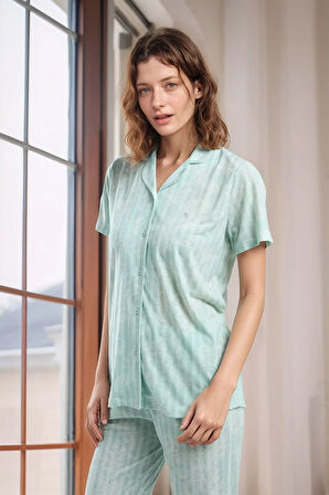 Kadın Yeşil Kısa Kollu Regular Viskon Gömlek Pijama Takımı Q9.U.0O.K7.K.A6.P.C
