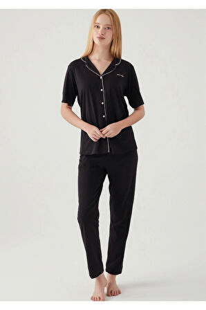 Kadın Siyah Pamuklu Modal Boydan Patlı Kısa Kol Kutulu Pijama Takımı Q8.U.8O.K2.K.A6.P.C