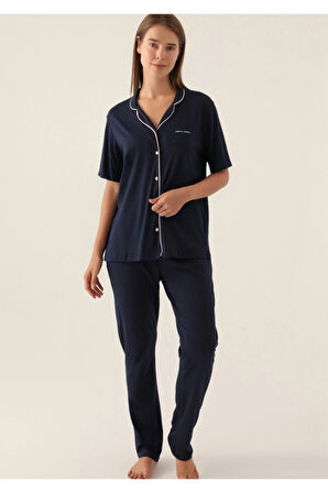 Kadın Lacivert Pamuklu Modal Boydan Patlı Kısa Kol Kutulu Pijama Takımı Q8.U.8O.K2.K.A6.P.C