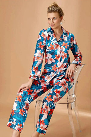 Kadın Yeşil Çiçek Desenli Boydan Düğmeli Saten Pijama Takımı Q.6N7K6.5RK.T.K.S
