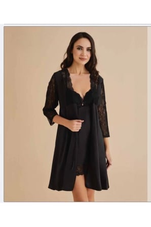 Kadın Siyah Gecelik&Sabahlık&Şortlu Takım&Pijama Takımı 6'lı Saten Gelin Çeyizlik Set UU.O8K.KSA.SE