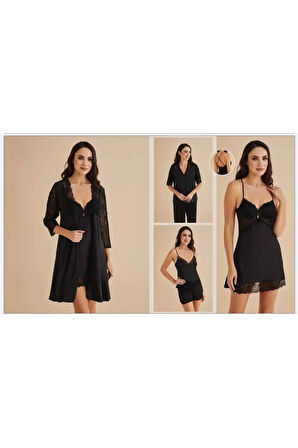 Kadın Siyah Gecelik&Sabahlık&Şortlu Takım&Pijama Takımı 6'lı Saten Gelin Çeyizlik Set UU.O8K.KSA.SE