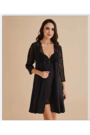 Kadın Siyah Gecelik&Sabahlık&Şortlu Takım&Pijama Takımı 6'lı Saten Gelin Çeyizlik Set UU.O8K.KSA.SE