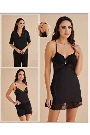 Kadın Siyah Gecelik&Sabahlık&Şortlu Takım&Pijama Takımı 6'lı Saten Gelin Çeyizlik Set UU.O8K.KSA.SE