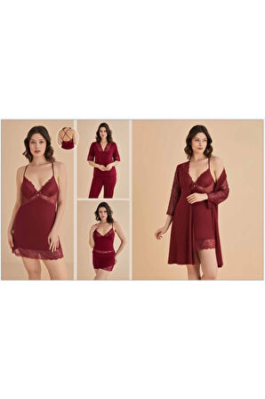 Kadın Bordo Gecelik&Sabahlık&Şortlu Takım&Pijama Takımı 6'lı Penye Gelin Çeyizlik Set Q.5D.U4K.CH8.S