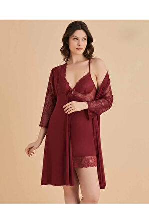 Kadın Bordo Gecelik&Sabahlık&Şortlu Takım&Pijama Takımı 6'lı Penye Gelin Çeyizlik Set Q.5D.U4K.CH8.S