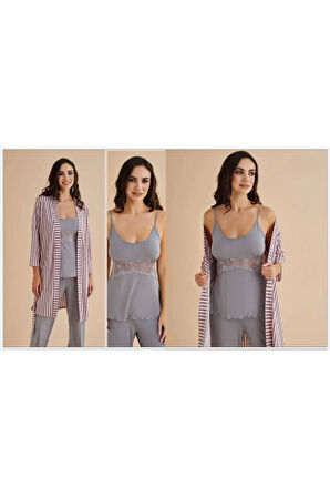 Kadın Gri-Pembe Penye Sabahlıklı Pijama Takımı Q2.4.2.5DKUKCHSS