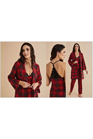 Kadın Kırmızı-Siyah Penye Ekoseli Sabahlıklı Pijama Takımı Q4.1.2.1DKUKCHSS