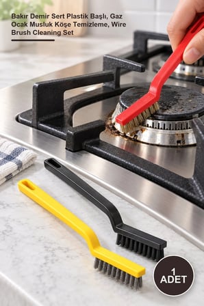 1 Adet Tel Fırça Temizlik Seti – Bakır Demir Sert Plastik Başlı, Gaz Ocak Musluk Köşe Temizleme, Wire Brush Cleaning Set