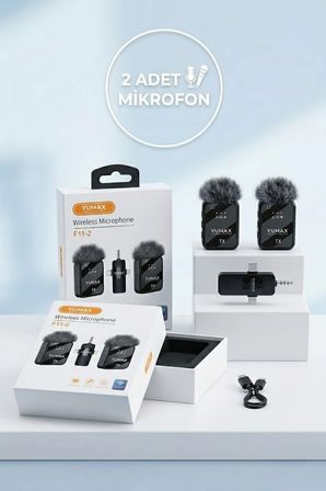 2 Mikrofonlu Kablosuz Yaka Mikrofonu | Tüylü Rüzgar Önleyici | 20 m Menzil | iOS Android Uyumlu