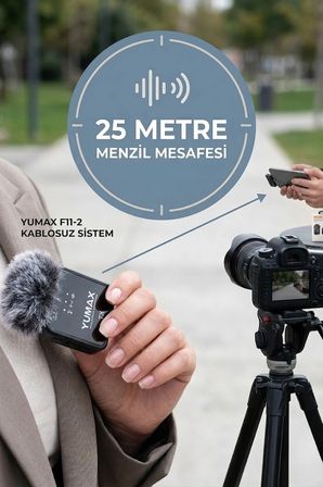 2 Mikrofonlu Kablosuz Yaka Mikrofonu | Tüylü Rüzgar Önleyici | 20 m Menzil | iOS Android Uyumlu