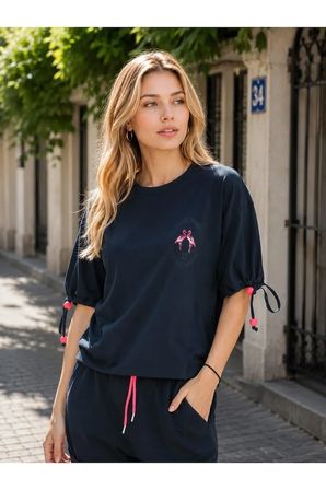 Lacivert Flamingo Baskılı Bağcık Kol Detaylı Oversize Kadın Tişört