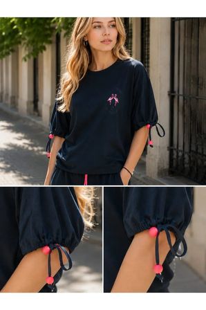 Lacivert Flamingo Baskılı Bağcık Kol Detaylı Oversize Kadın Tişört